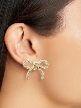 BaubleBar Jenny Bow Gold Rhinestone Stud Earrings New